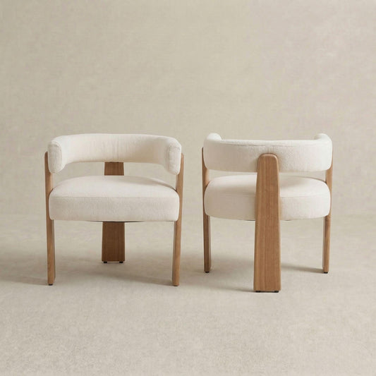 Hyfirm Set of 2 Modern Boho Barrel Dining Chairs with Wood Legs, White Upholstered Accent Armchairs with Thick Padded Cushion for Kitchen, Minimalist Natural Chic Chairs for Living Room
