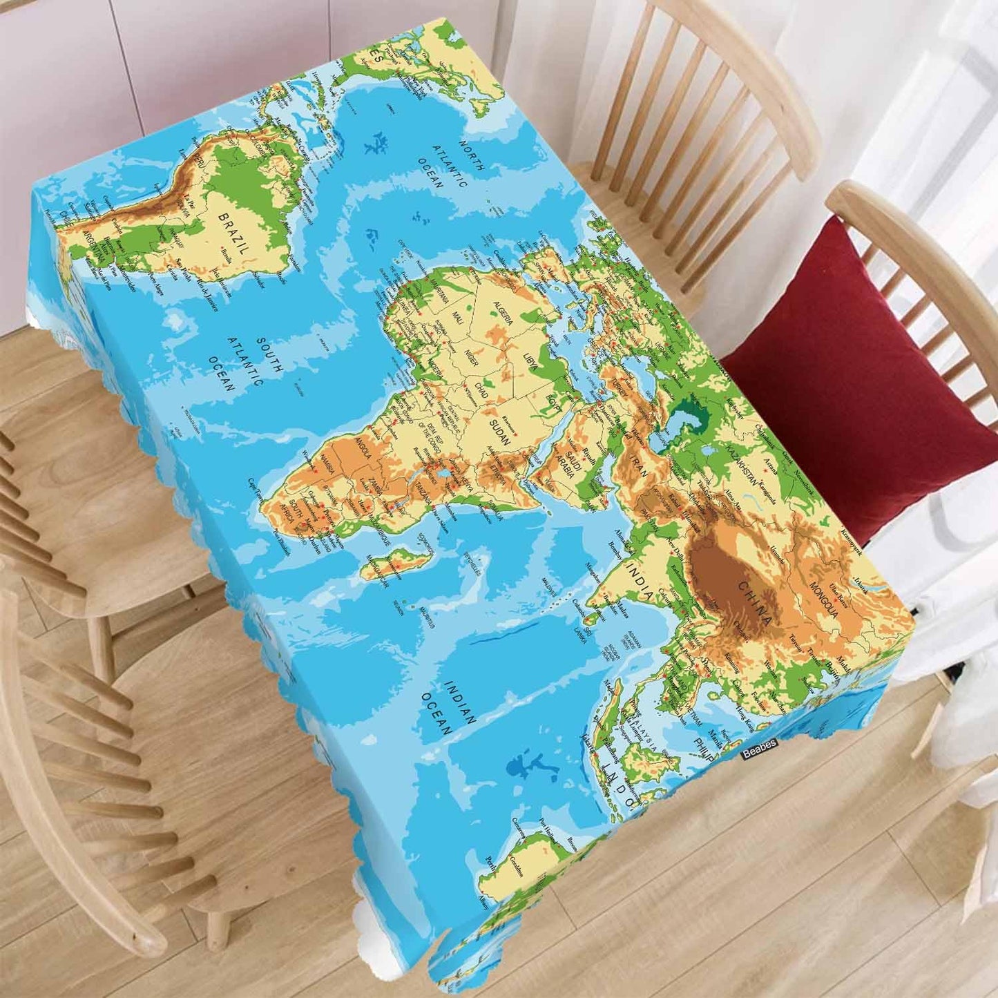 Beabes Tablecloth World Map 52 X 70 Inch, Physical World Map Blue Oblong Table Cloths Anti-Shrink Decorative Table Cover for Kitchen Dinning Tabletop Outdoor Picnic BBQ