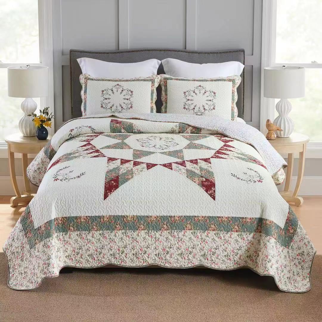 camandy Cotton Bedspread Quilt Bedding Sets, 3 Pieces Reversible Coverlets Comforters Star with Green Floral Real Patchwork Bedspread, King Size