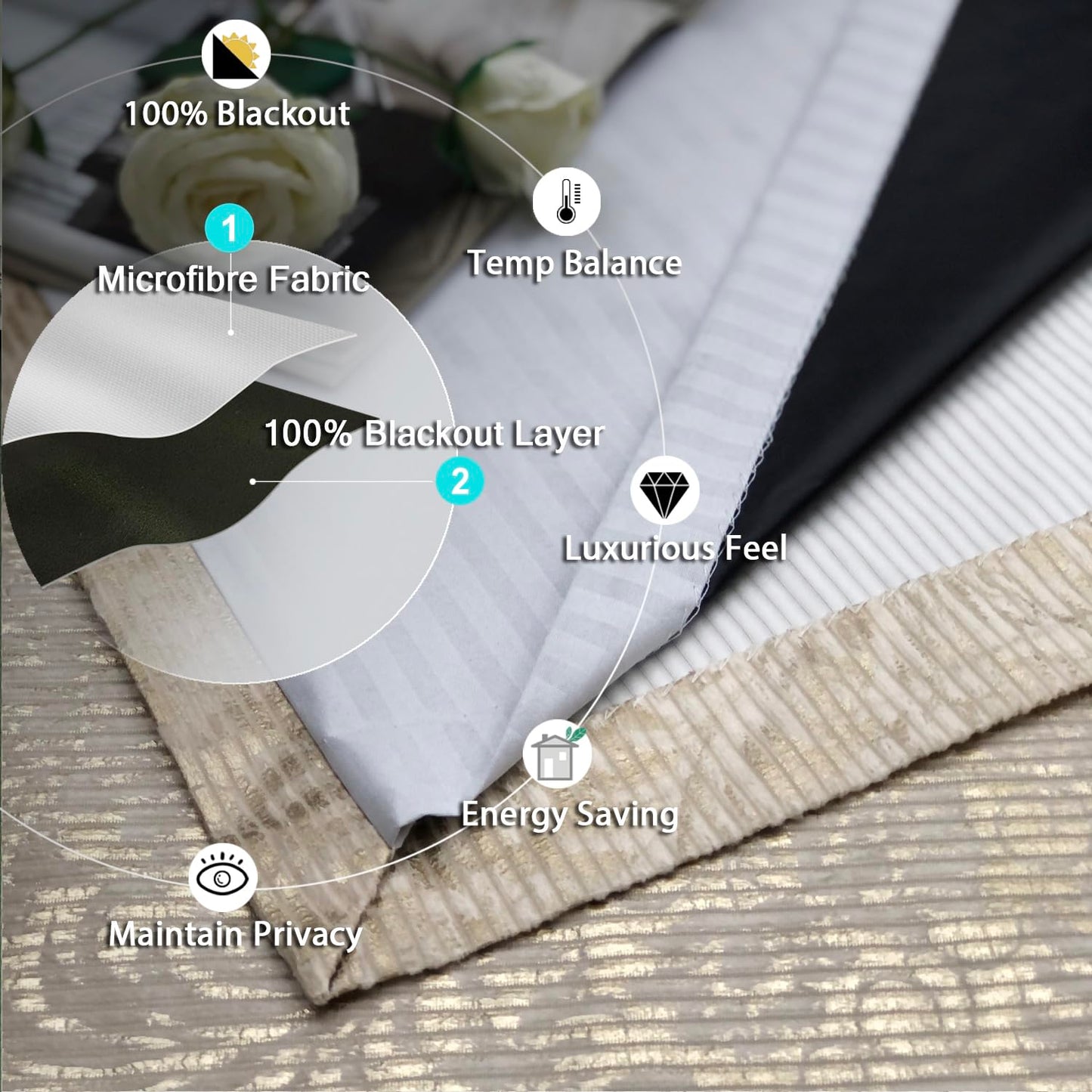 always4u 100% Blackout Damask Foil Print Natural and Gold Ridged Velvet Curtains 84 Inches Long Drapes 2 Panels Shiny Metallic Window 54 * 84 Inches