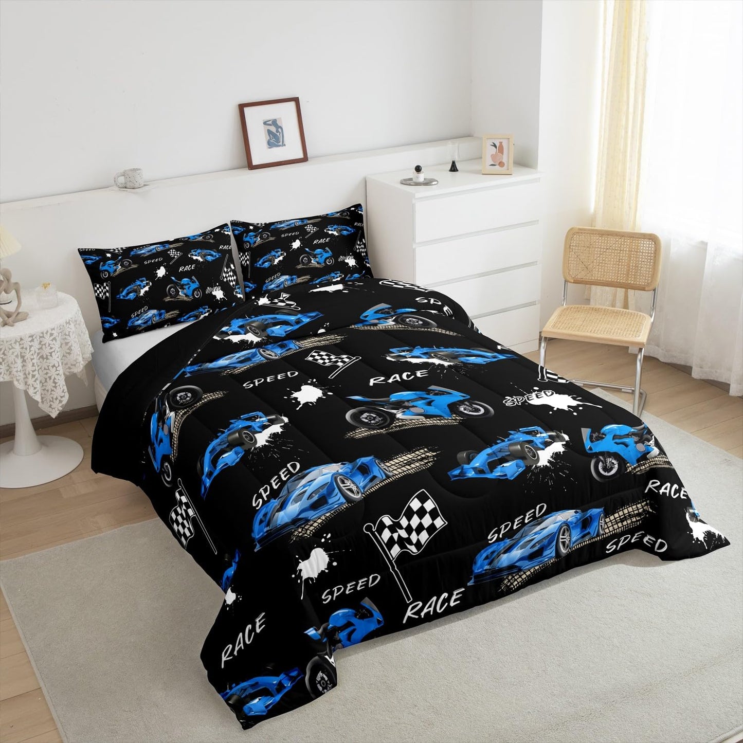 Feelyou Kids Blue Black Race Car Comforter Set Twin Size, Speed Sports Car Bedding Set Boys Girls Dirt Bike Motocross Comforter Racing Car Teens Duvet Set Bedroom Decor 2Pcs