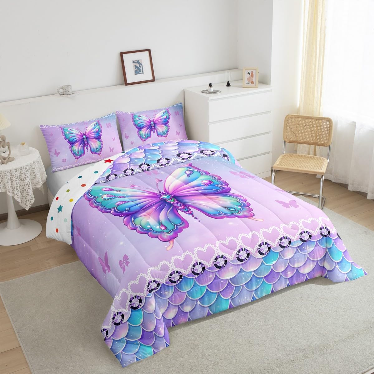 Erosebridal Butterfly Queen Size Bedding Set 3 Piece, Mermaid Scales Down Comforter for Kids Girls Women Room, Kawaii Love Heart Comforter Set, Dreamy Princess Maeine Life Quilt, Purple Blue