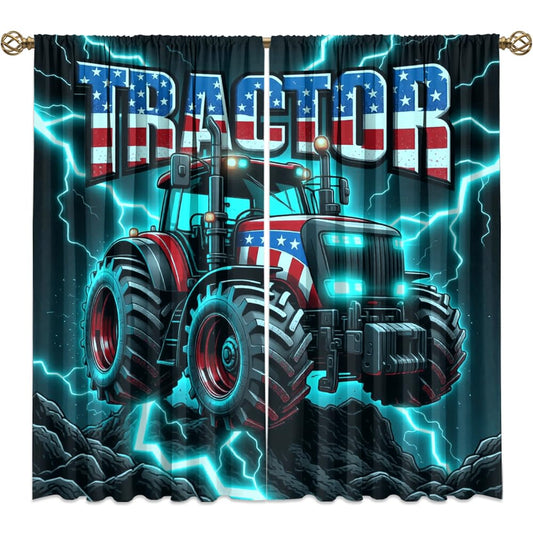 KuracleGH Cool Modern Tractor Curtains for Bedroom,Patriotic American Flag Room Darkening Blackout Window Treatment,Cartoon Sports Themed Truck Rod-Pocket Privacy Curtains,2pcs,Each 21“W x 45”L
