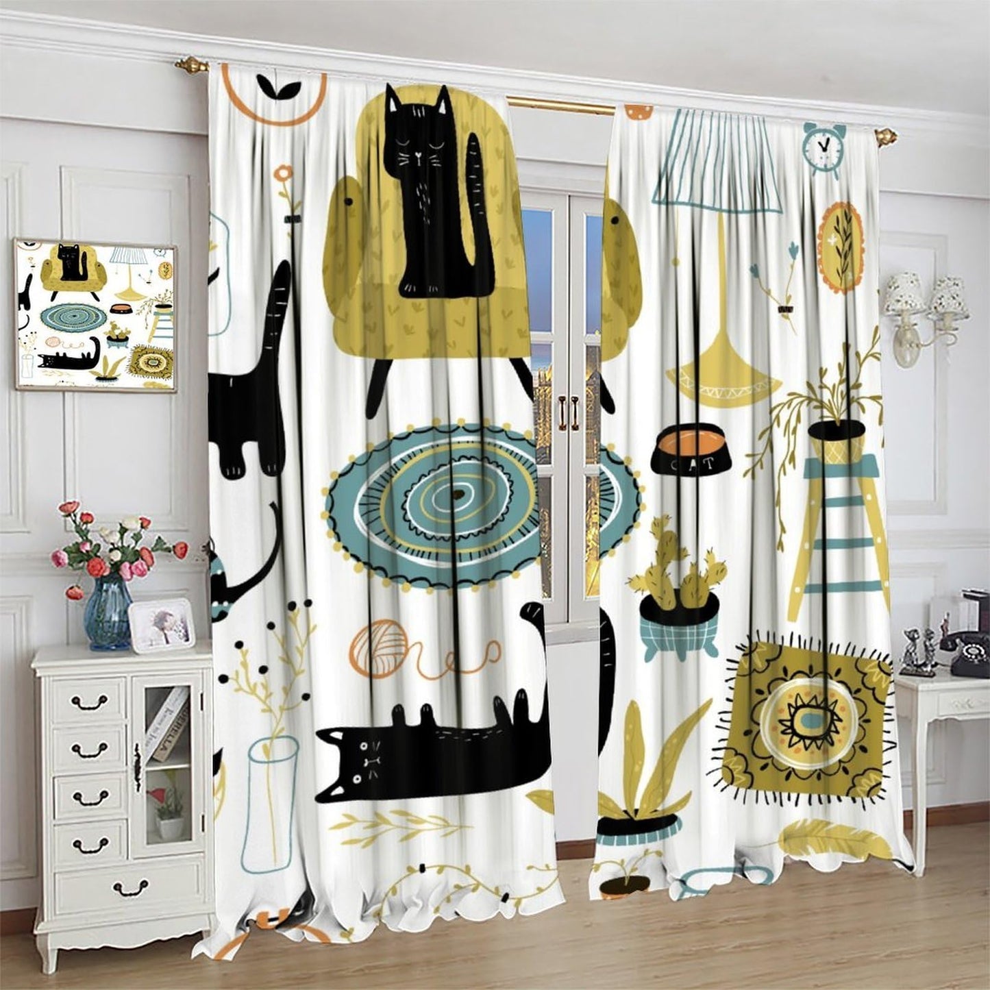 ACOOLTD Cartoon Curtains Rustic Black Kitty Home Ambiance Cute Patterns Furniture Blackout Window Treatment for Kids Bedroom Kitchen Cafe Home Decor Drapes，2 Panels 42" W X 45" L