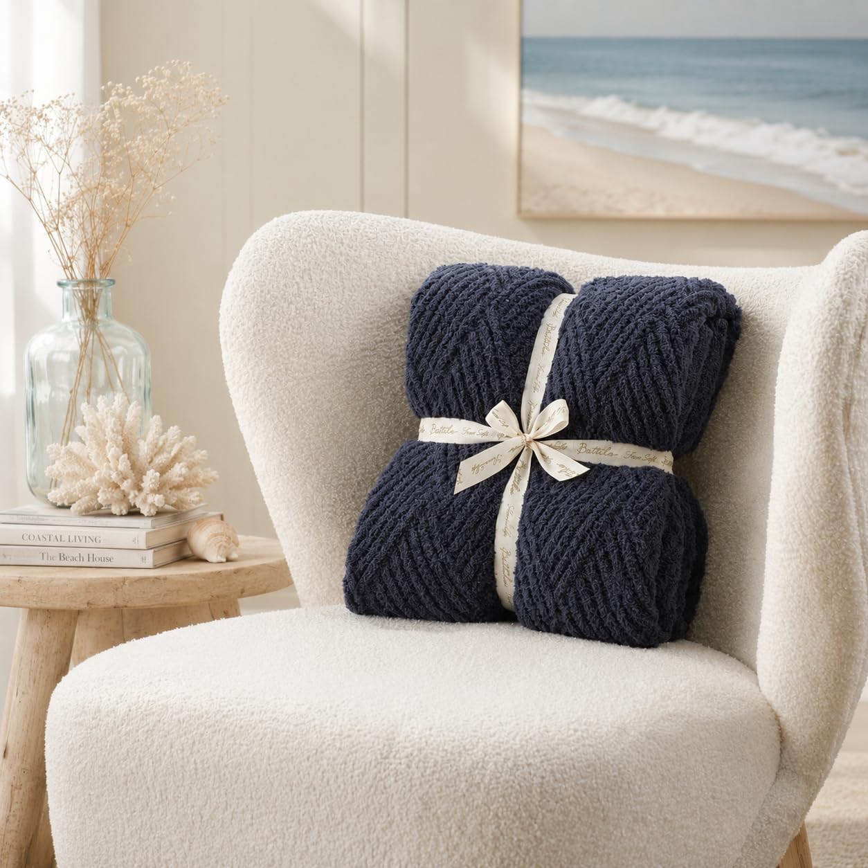 Battilo Navy Blue Chenille Throw Blanket for Couch, Soft Diamond Textured Knit Blanket, Cozy Lightweight Decorative Blankets for Sofa, 50"x60"