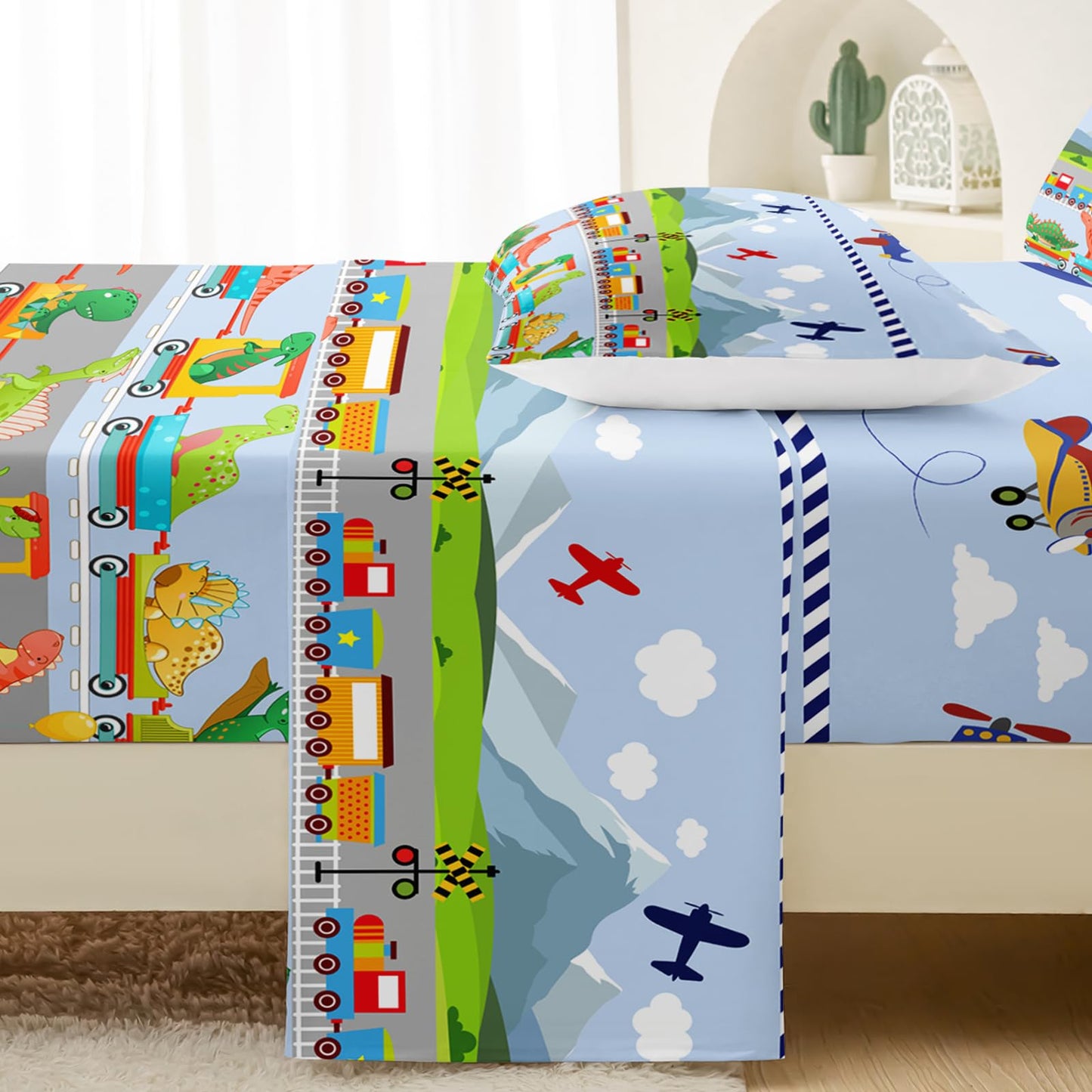 QOOMO Dinosaurs Queen Sheets Set for Boys Cute Bedding Set for Teen Kids Cartoon Dinosaurs Soft Microfiber Train Bed Sheets Kids Airplane Bed（1 Fitted Sheet, 1 Flat Sheet, 2 Pillow Cases）
