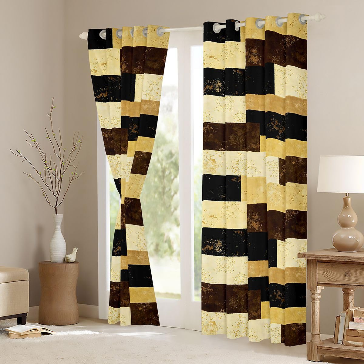 Erosebridal Golden Brown Geometric Blackout Curtains Abstract Color Blocking Window Curtains 42" Wx84 L Kids Adults Rustic Lattice Window Treatments Drapes for Room Stylish Patchwork Artwork 2 Panels