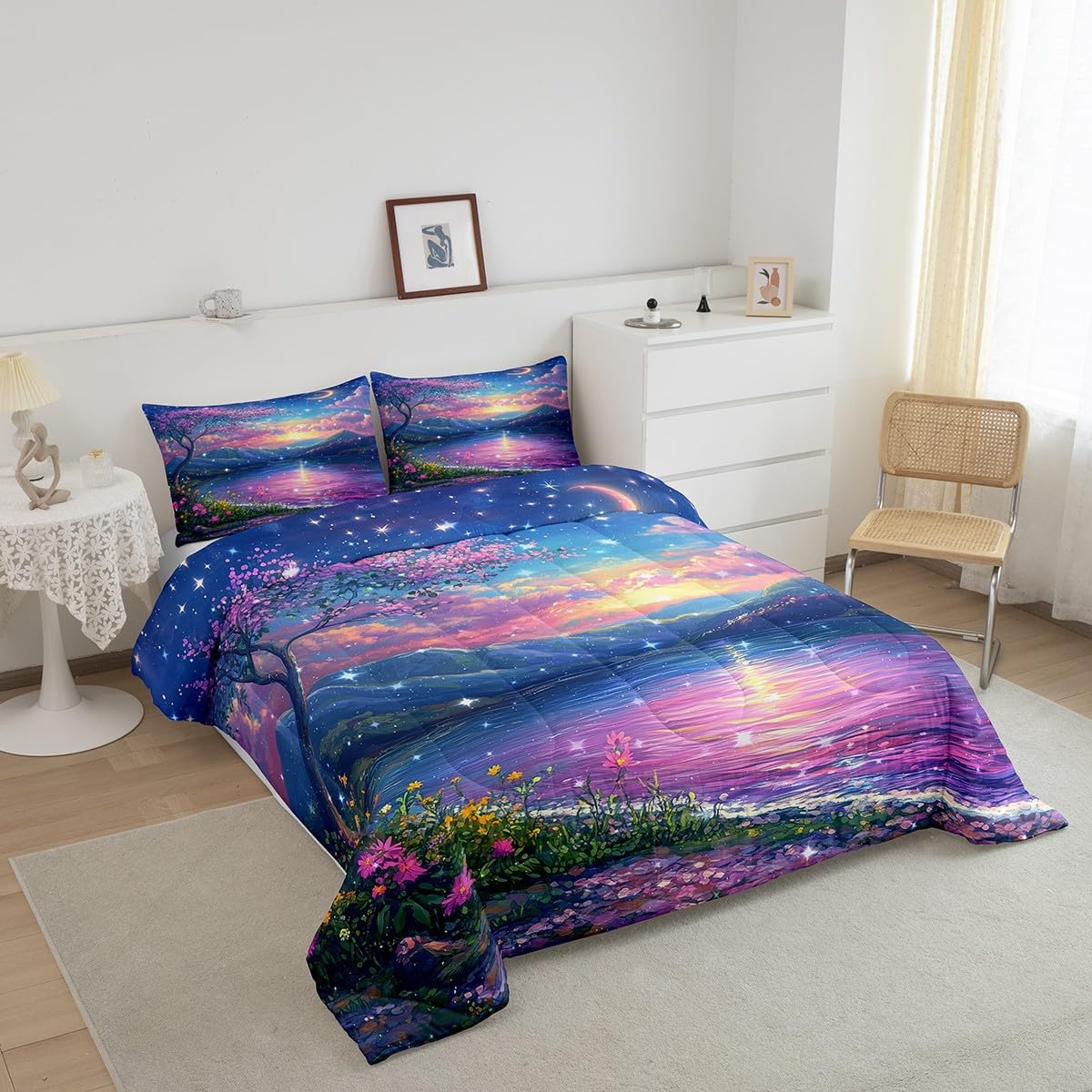 Rustic Flowers Queen Bedding Set for Kids Adults,Romantic Lakeside Trees Flowers Comforter Bed Set,Shining Starry Sky Quilt Set 3 PCS,Watercolor Lake Landscape Duvet Insert,2 Pillow Cases