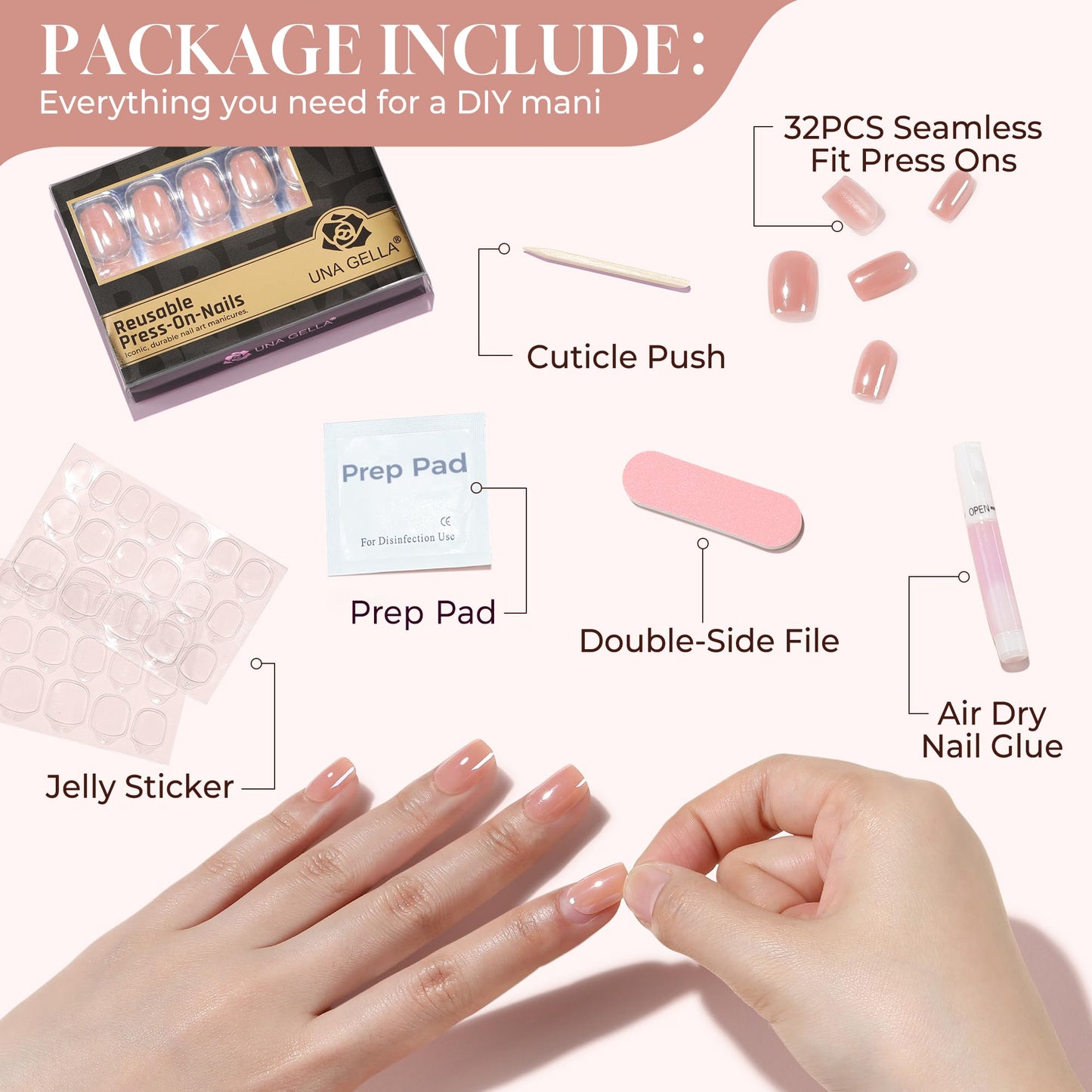 UNA GELLA Chrome Nude Press On Nails: Short Square Soft Gel Press Ons Kit with Nail Tips Glue on Nails, 16 Sizes - 32 Reusable Chrome Holographic Fake Nails Kit, Nude Pink