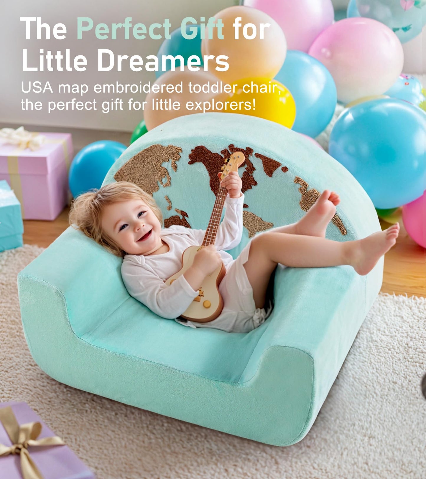 Kids Chair Comfy, Snuggly-Soft Toddler Armchair, Cuddly Kids Foam Chair for Boys and Girls, Portable Toddlers Reading Chairs, Toddler Chairs Comfy 1-3 Years Old, Colorful US Map Design, Blue
