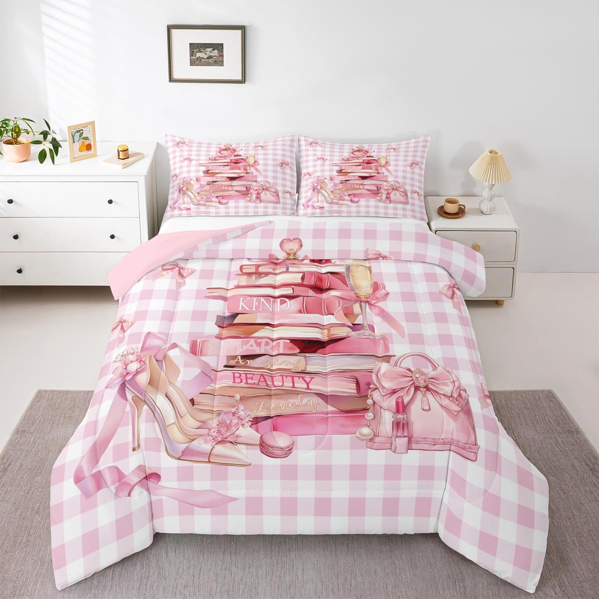 Erosebridal Girly Cute King Bedding Set for Teen Girl Kids | Pink Modern Fashion Comforter Set Pink White Plaid Bed Collections Trendy Coquette Duvet Quilt Sets