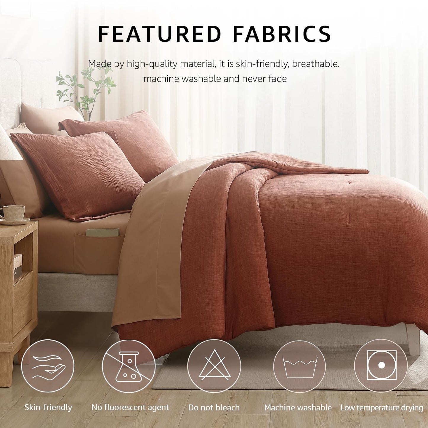 Geniospin Queen Size Comforter Set- 7 Pieces Terracotta Textured King Bedding Set, Soft Solid Bed in a Bag for All Seasons, Fall Comforter Set with Sheets
