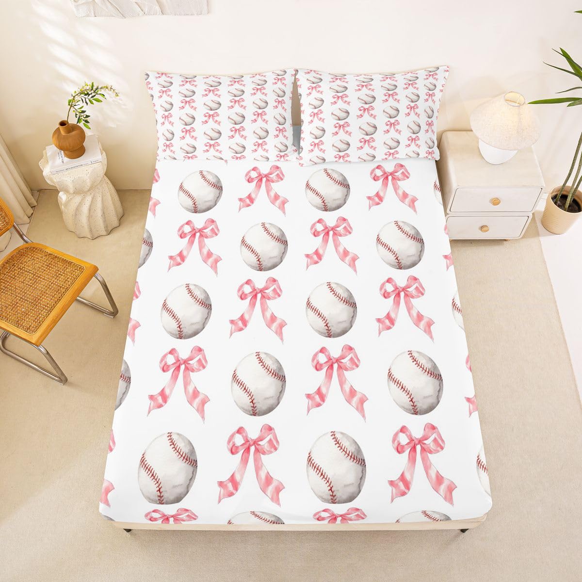 Castle Fairy Pink Bowknots Fitted Sheet Queen Size (No Flat),Baseball Sport Bedding Sets 3Pcs,Girls Boys Adult Room Decor,Ball Sports Bed Sheets Princess Cute Deep Pocket Sheet,2 Pillowcases