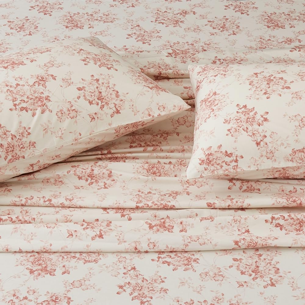 DAUAOTO 100% Cotton Bedding Printed Sheets Set for Queen Size Bed Up to 14" Deep Mattress, Toile Rose Floral Pattern Bedlinen Sets,Pale Red