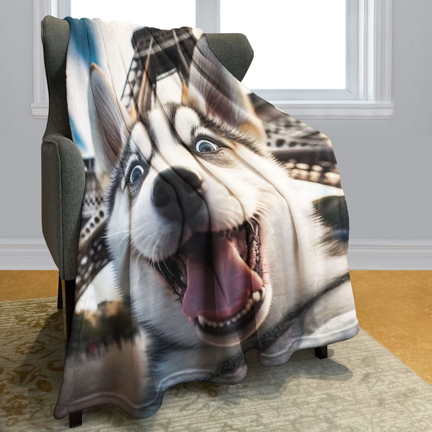 HommomH Cute Husky Throw Blanket, Puppy Selfie Fleece Blanket, Gifts for Dog Lovers, 50"x60"
