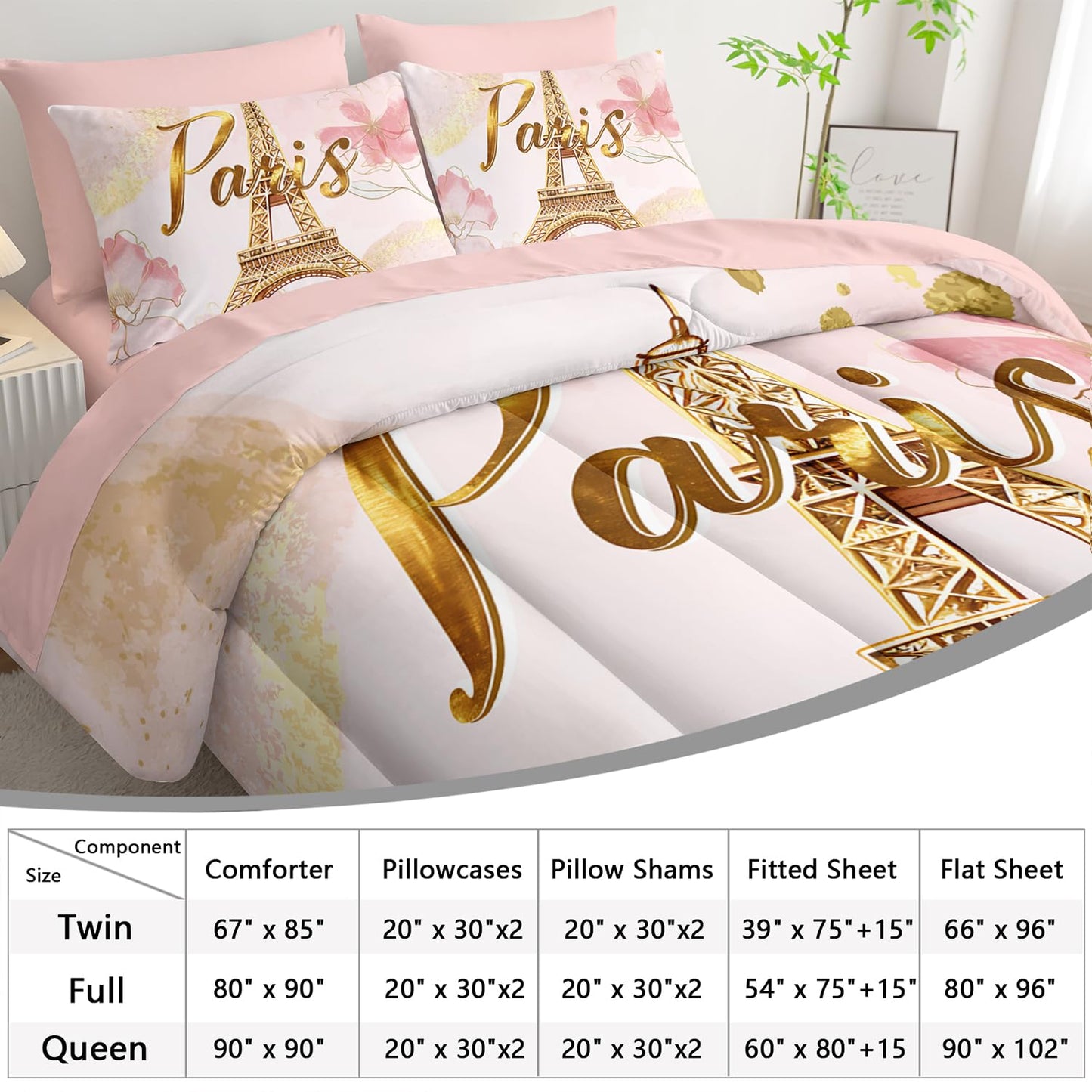 AILONEN Paris Eiffel Tower Comforter Set Full 7-Piece Tie Dye Flower Pink Bed in a Bag for Girls Women,Soft Comforter & Fitted Sheet with Flat Sheet,2 Pillowcases,2 Pillow Shams