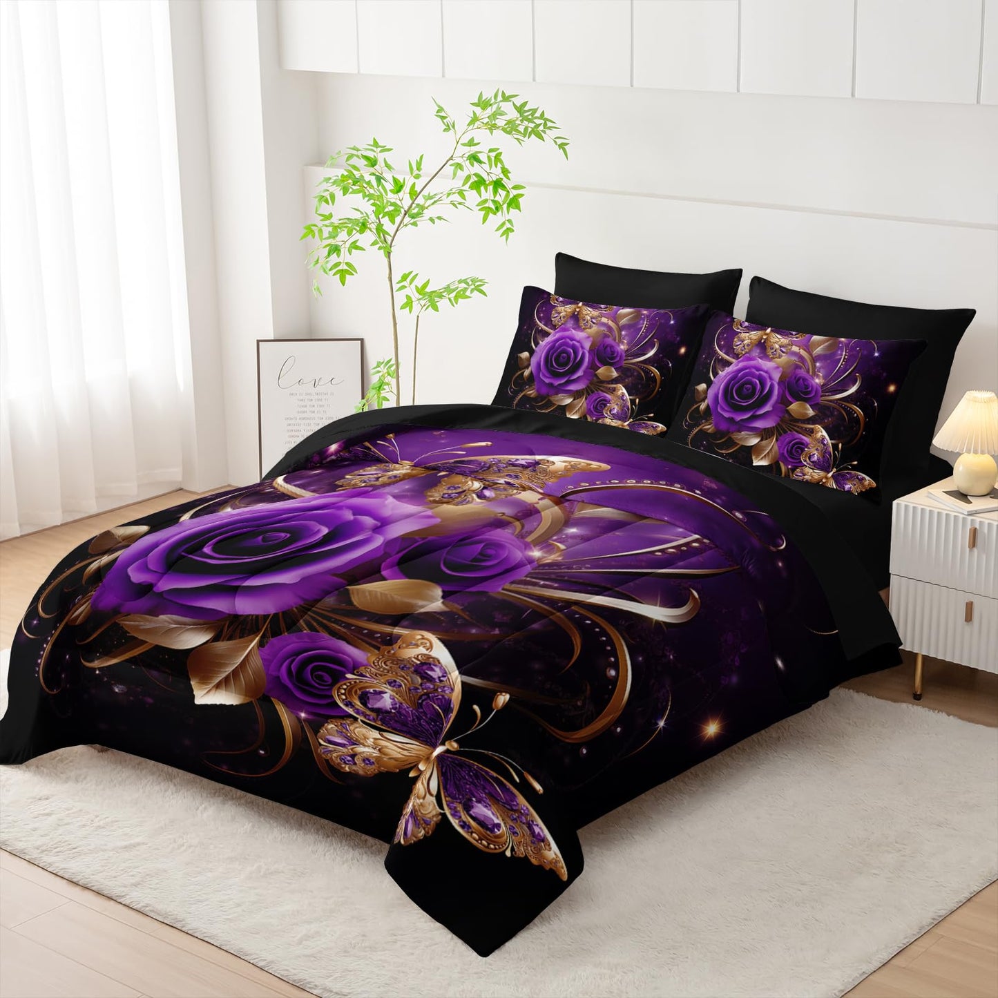 AILONEN Gold Purple Rose Flower Comforter Set Twin - 7Pcs Soft Floral Butterfly Bed in a Bag -Girls Rose Comforter,Fitted Sheet,Flat Sheet,2 Pillowcases,2 Pillow Shams for Women