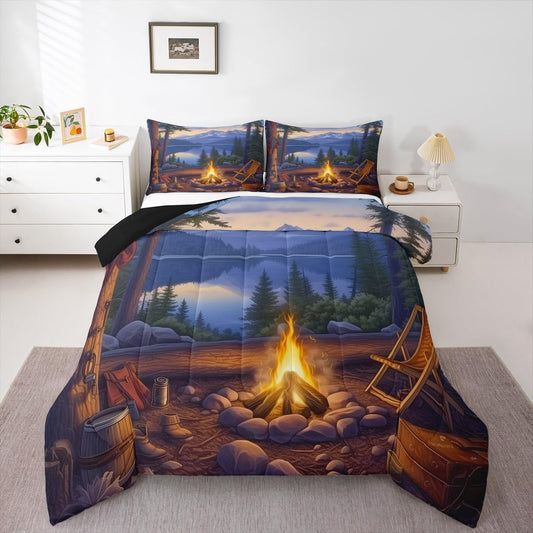 Erosebridal Boys Camper Bedding Sets King,Happy Camping Comforter Set for Kids Adults Rustic Farmhouse Style Duvet Insert Vintage Forest Tree Quilt