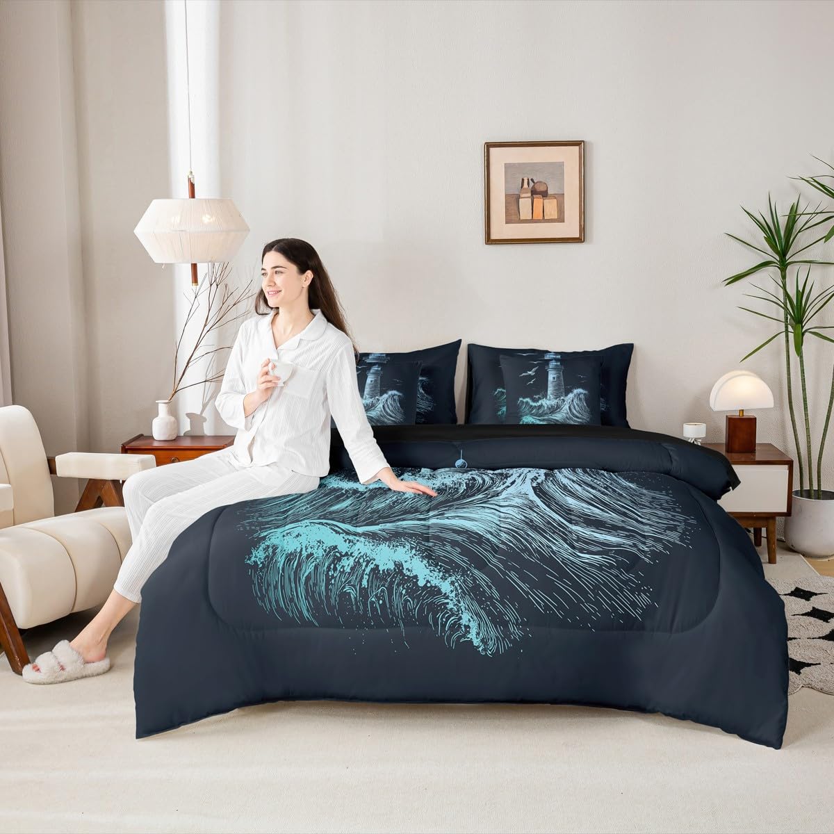 Erosebridal Boys Nautical Comforter Set Men Lighthouse Bed in A Bag King Size 7 Pieces Ocean Wave Bed Set Surfing Coastal Bedding