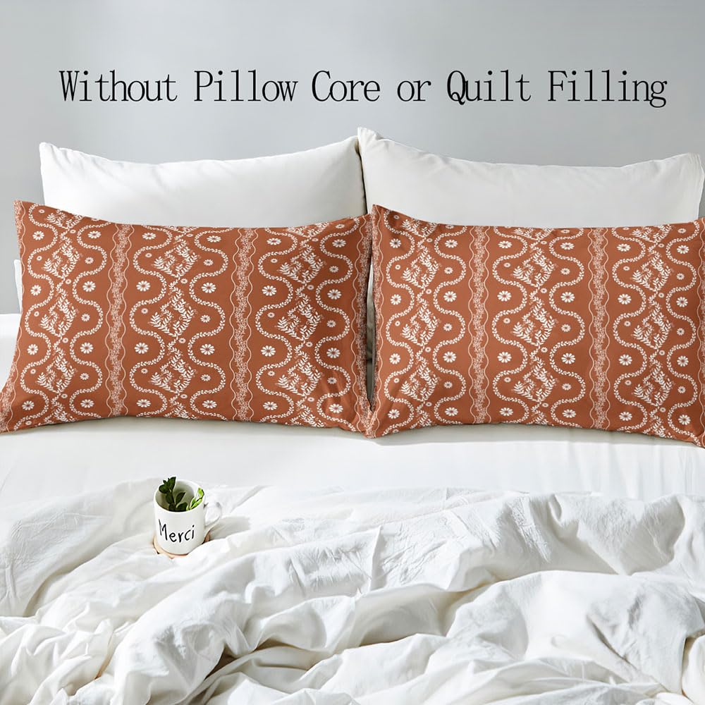 LUVIVIHOME 3PCS Burnt Orange Boho Duvet Cover King Bedding Set, Terracotta Duvet Cover, White Botanical Leaves Plant Floral Bedding, Country Rustic Farmhouse Bohemian Comforter Cover, 2 Pillow Cases