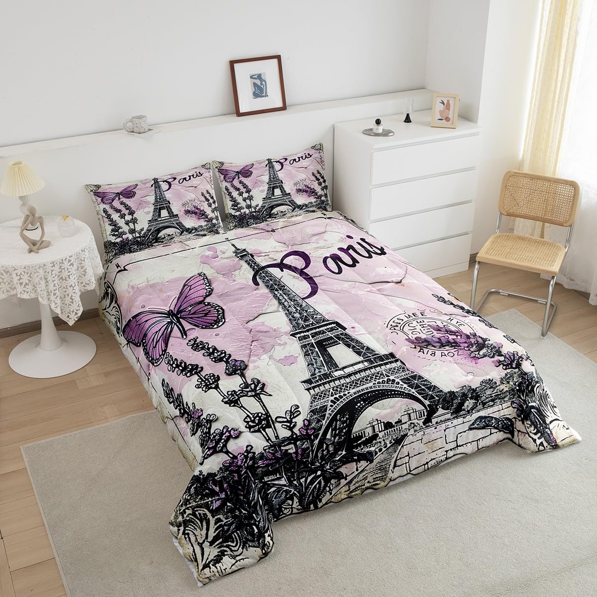 Purple Paris Eiffel Tower Comforter Set Queen Size,Butterfly Lavender Bedding Set for Kids Boys Girls Room Decor,Romantic French Style Duvet Insert 3Pcs,Floral Modern Luxury Quilt Set,2 Pillowcases