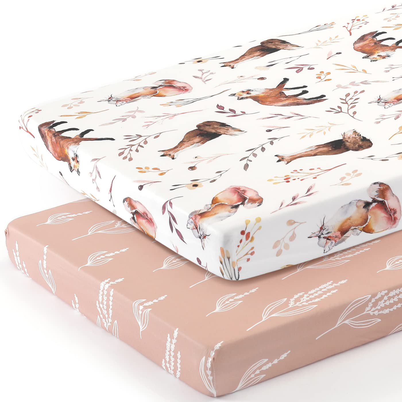 GRSSDER Stretchy Ultra Soft Jersey Knit Fitted Pack n Play Sheets Set 2 Pack, Universal Fit Portable/Mini Crib, Playards Mattress Pads Safe and Snug, Pretty Fox for Baby Girls