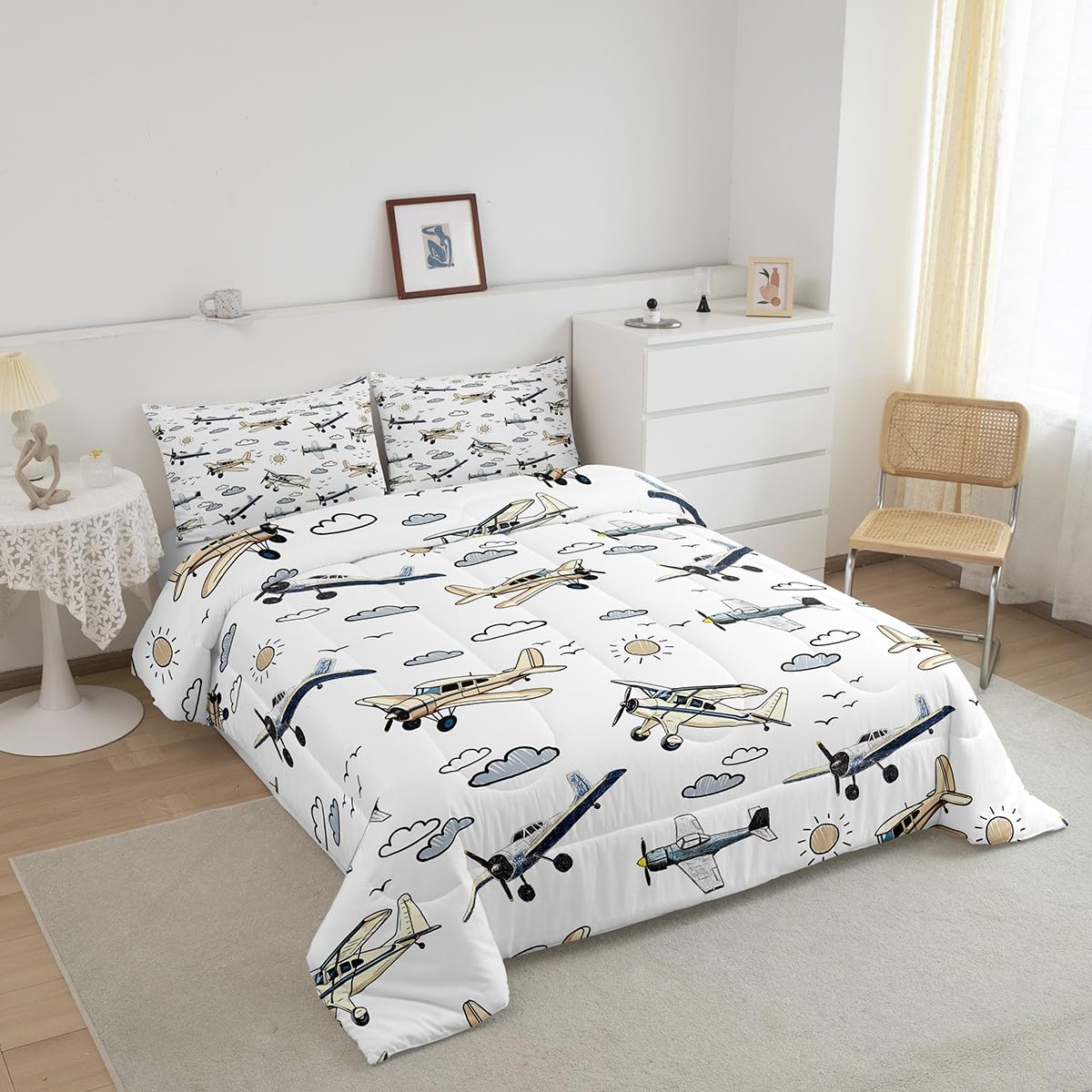 Manfei Kids Airplane Kids Comforter Full,Toddler Cartoon Plane Bedding Set for Teens Youth Children Men,Boys Teens Airplane Reversible Quilt Sets,Aviation Theme Bedding Comforter Set