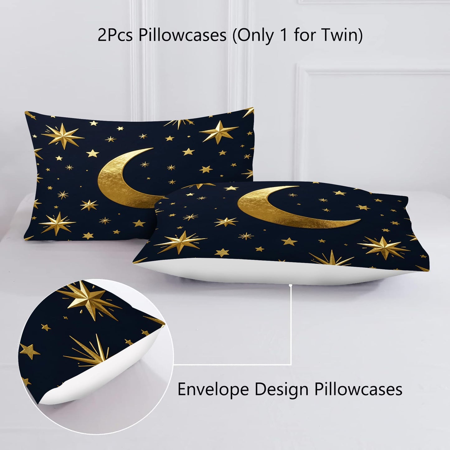VTKON Gold Moon and Stars Bedding Set, Luxury Celestial Night Sky Comforter Set, Gold Starry Print Bed Set for Girls Bedroom Decor (Full Size 3Pcs with 2 Pillow Cases)