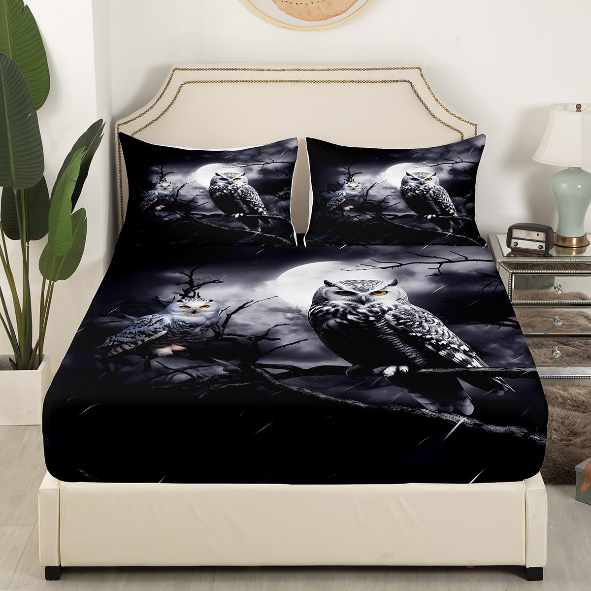 Cute Owl Fitted Sheet Tree Branches Bed Sheet Set 3D Animal Printed Bedding Set for Boys Girls Kids Room Decor Bird Decor Cartoon Owls Design Lightweight Bed Cover Twin Size with 1 Pillow Case