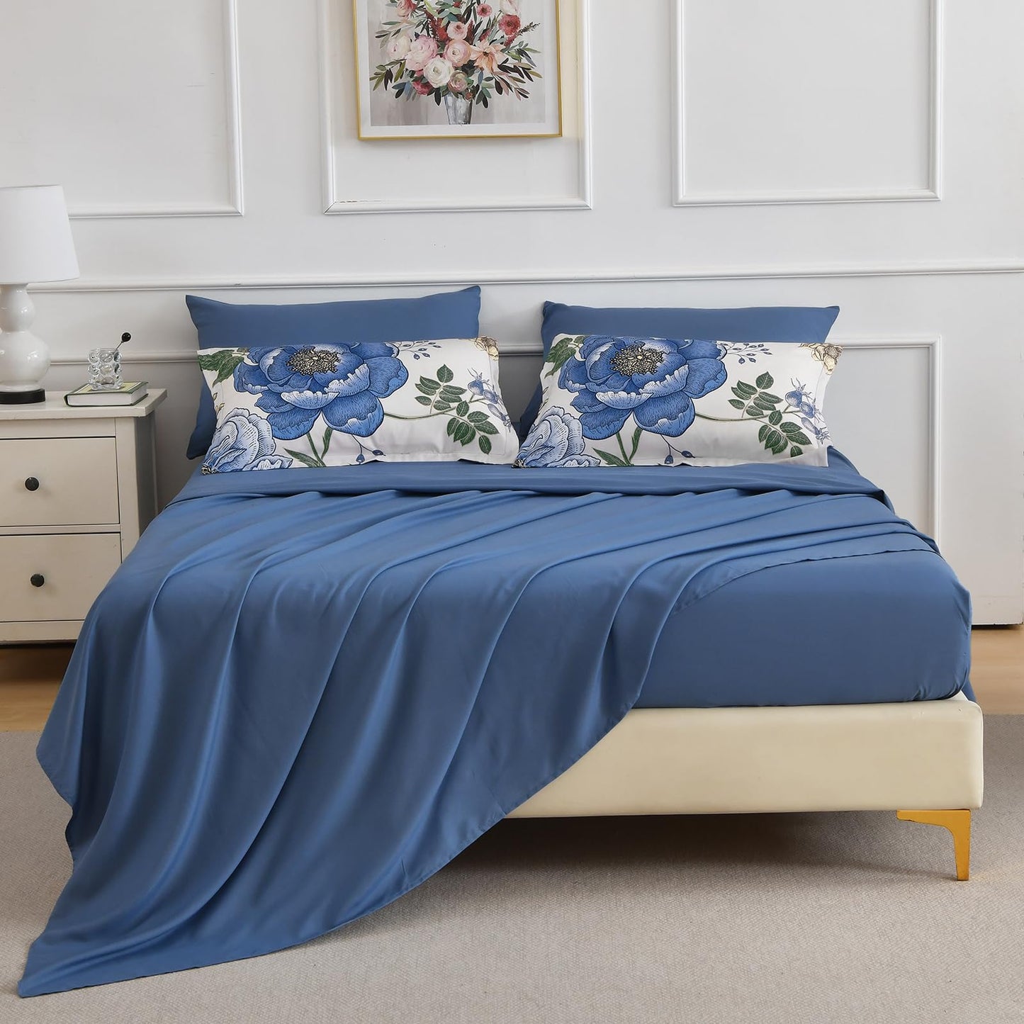 Luxudecor Beige Floral King Comforter Set 7 Pieces Bed in a Bag, Blue Flower Print on Beige Bedding Set,Soft Reversible Comforter with Sheets 104"x90"