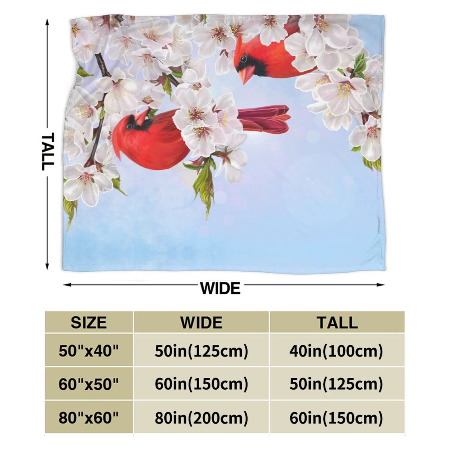 Perinsto Red Cardinal Birds and Cherry Flowers Throw Blanket Ultra Soft Warm All Season Decorative Fleece Blankets for Bed Chair Car Sofa Couch Bedroom 50"X40"