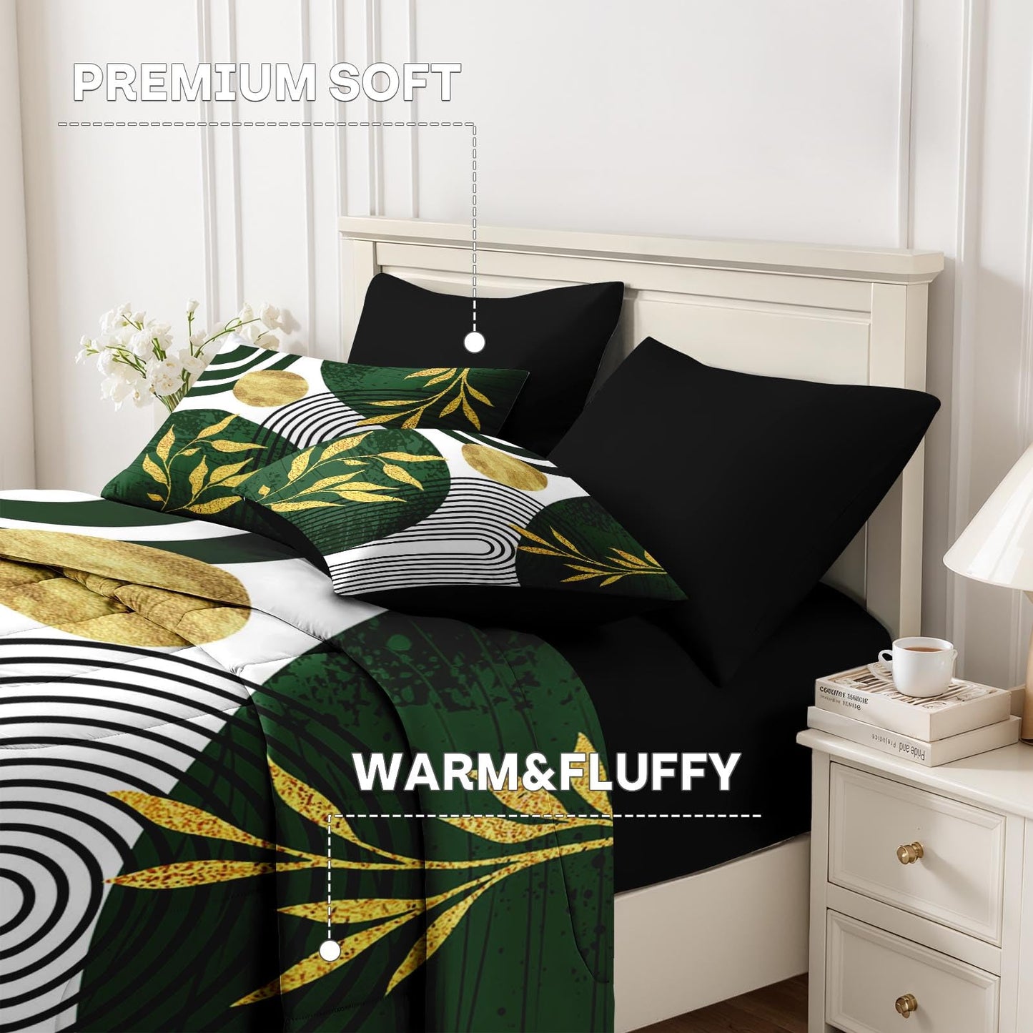Nesker Comforter Set King Size, Green Boho Golden Leaves 7 Pcs Bedding for Kids and Adults, Mid Century Abstract Bed Sheet Sets with Fitted Sheet 2 Pillowcases & 2 Shams