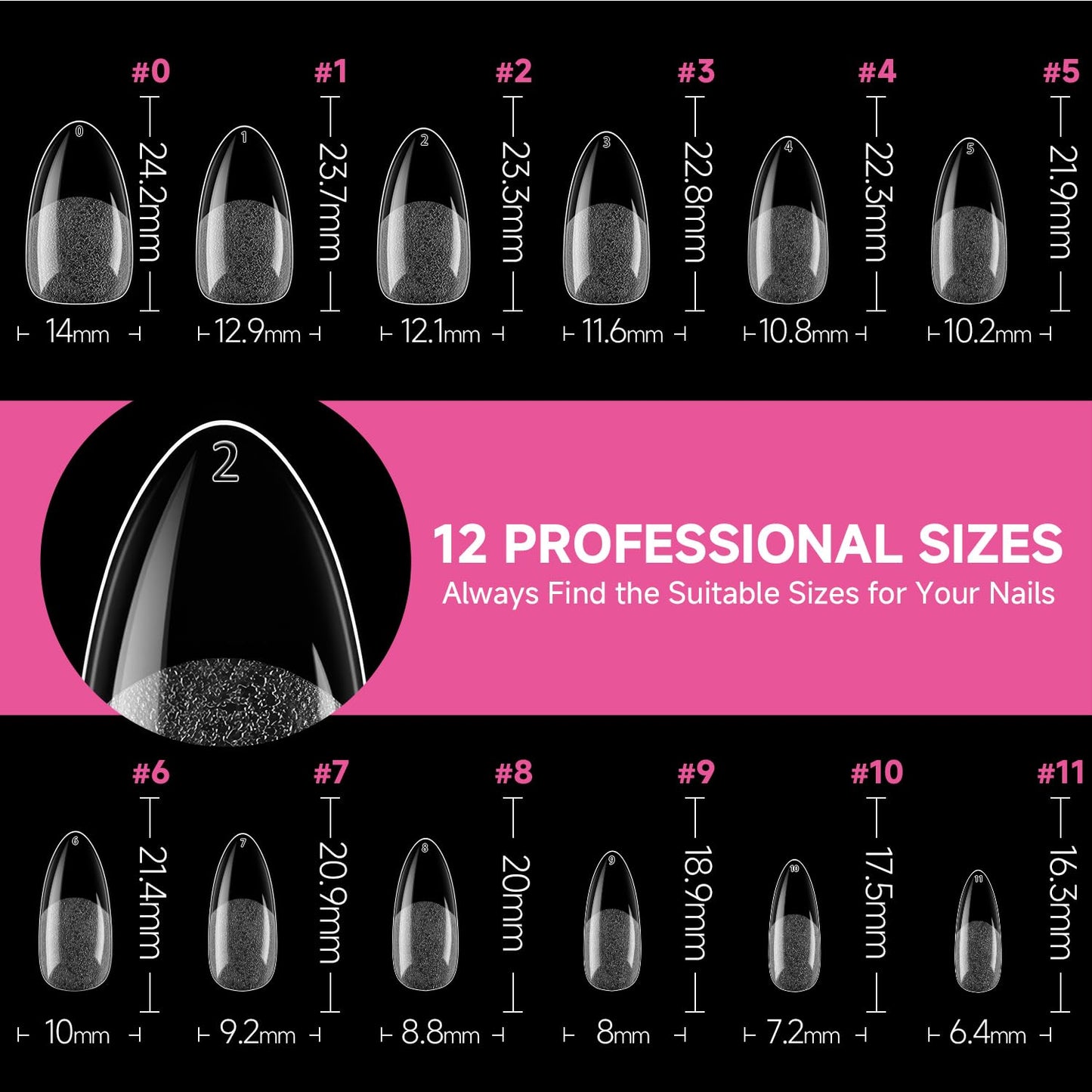 UNA GELLA 504Pcs Medium Pointed Almond Nail Tips, Pre-shape Almond Gel Nail Tips Half Matte Full Cover Acrylic Clear Press on Fake Nails Tips for Nail Extension Nail Art DIY Salon 12 Sizes