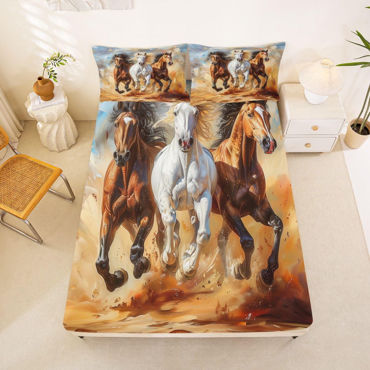 jejeloiu Galloping Horse Bed Sheets Sets Queen Size Kids Boys Girls Wild Animal Bedding Set Handsome Horse Bed Sheet Set with 16-Inch Deep Pockets Western Farm Animals 4Pcs with 2 Pillow Cases