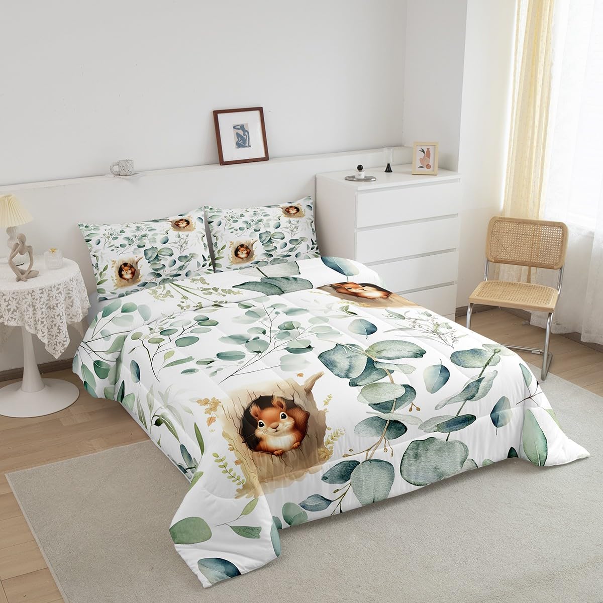 Erosebridal Kawaii Squirrel Bedding Twin for Boys Girls Cartoon Animal Comforter Set Twin, Eucalyptus Leaves Duvet Insert Jungle Wildlife Quilt Comforter, Tropical Plants Bedding Comforters & Sets