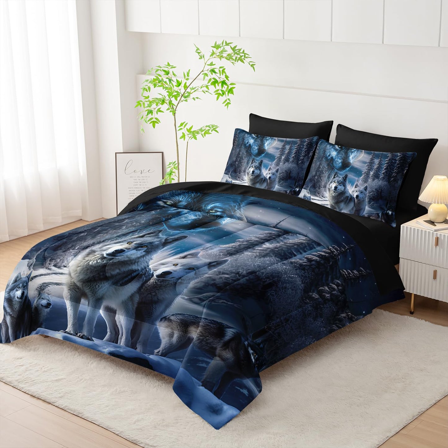 AILONEN Boys Snow Wolf Comforter Set Full 7-Piece Bed in a Bag - Printed Bedding Set for Kids Adults, Safari Animal Comforter, Fitted Sheet, Flat Sheet, 2 Pillowcases, 2 Pillow Shams - Black