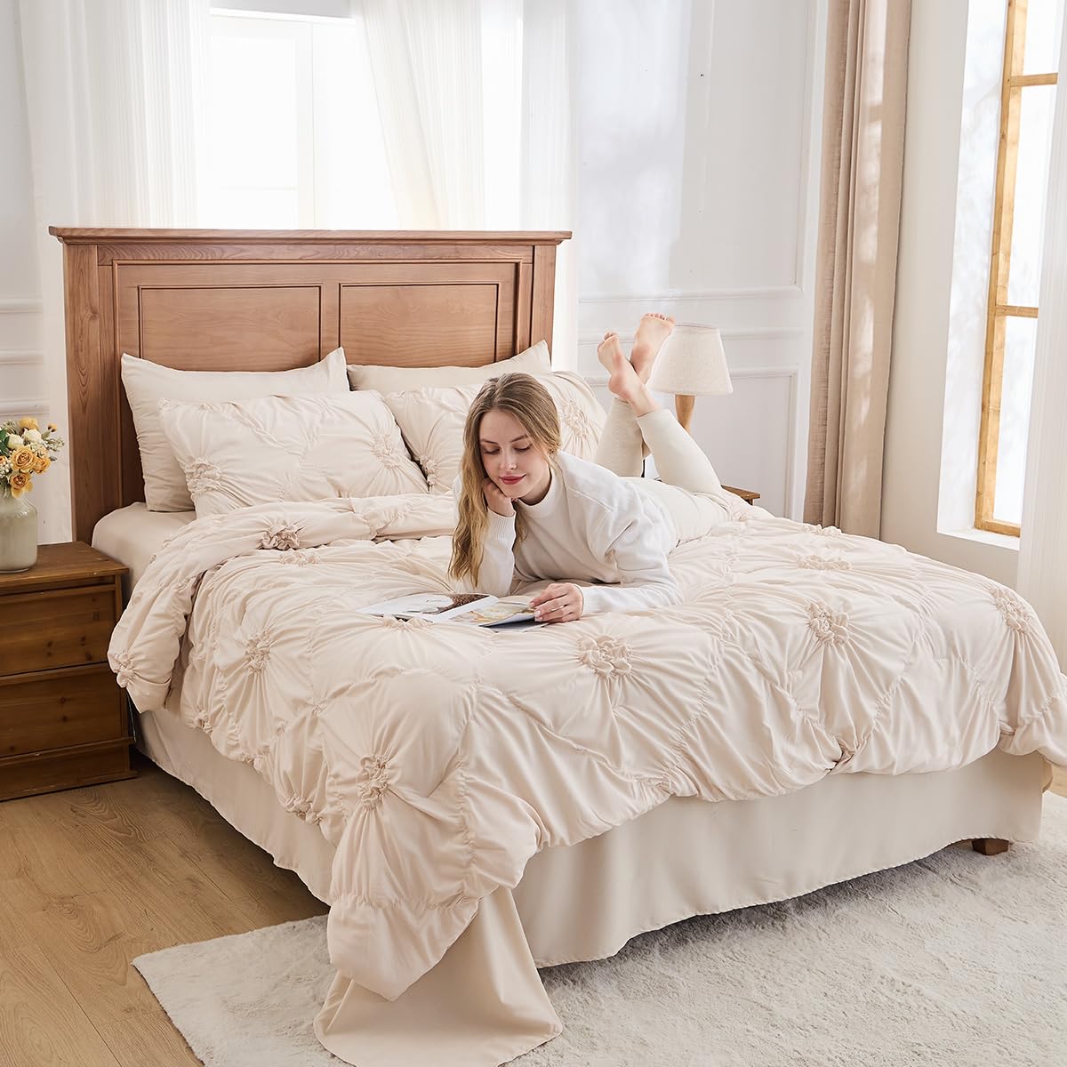Jameswish Beige Comforter Set Queen Size Bed in A Bag 7 Piece Pinch Pleat Bedding Set, Pintuck Ruched Flowers Bed Set with Comforter, Sheets, Pillowcases & Shams