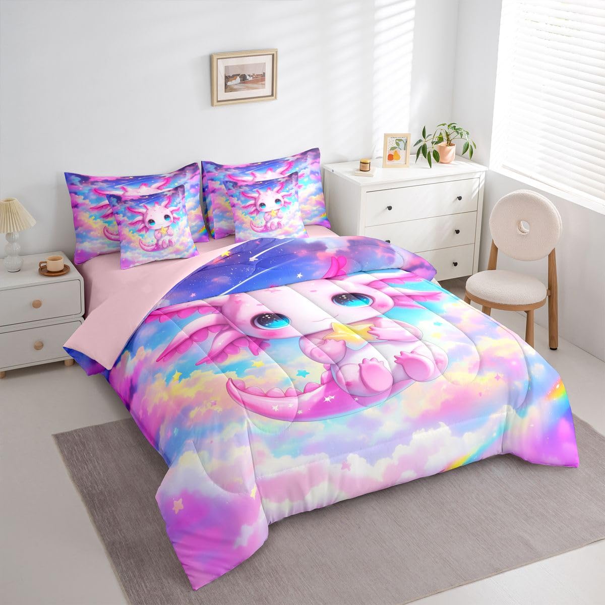 Erosebridal Kids Rainbow Axolotl Queen Bedding Set Girls Cute Axolotl Comforter Set with Flat and Fitted Sheet Rainbow Dreamy Stars Clouds 7-Piece Bed in a Bag Colorful Space Sky Quilt Sets