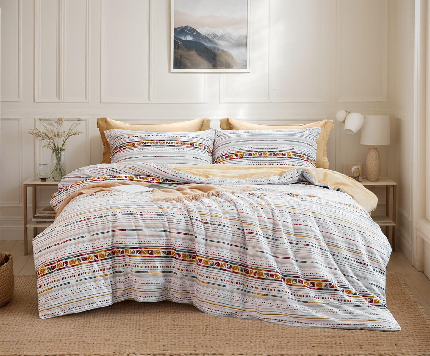 SLEEPBELLA Comforter Queen Size, 600 Thread Count Cotton Yellow Boho Pattern Light Yellow Reversible Comforter Set,Down Alternative Bedding Set 3Pcs(Queen, Yellow Boho)