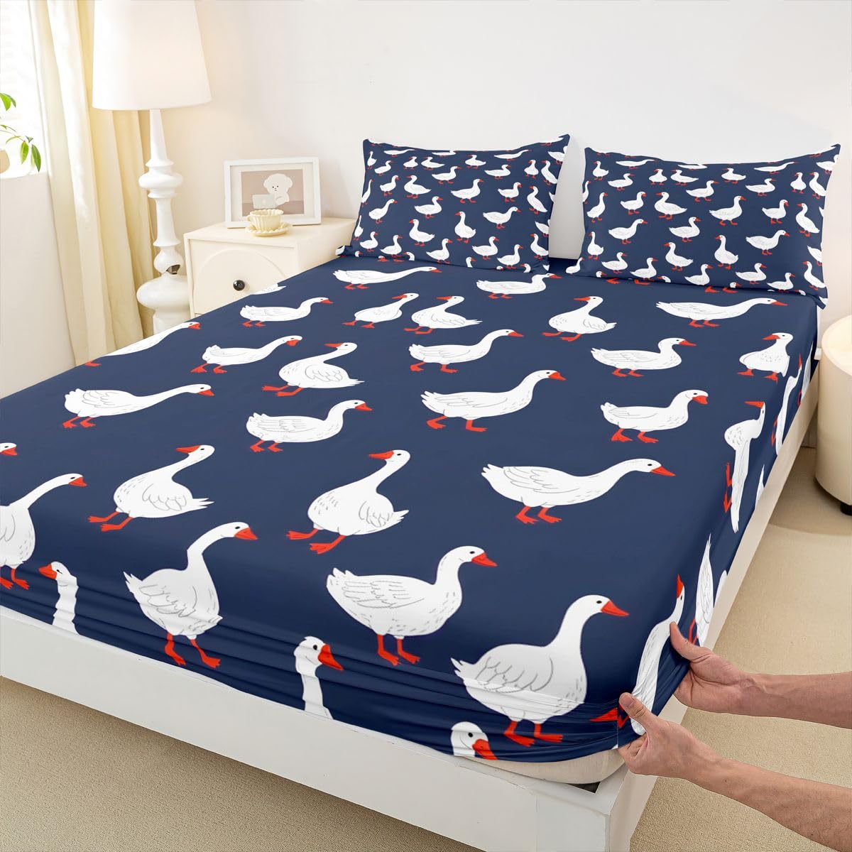 Erosebridal Goose Bed Sheets Set Full Cute Animal Sheet Set White Geese Navy Blue Sheets Funny Kawaii Cartoon Flat Fitted Sheet