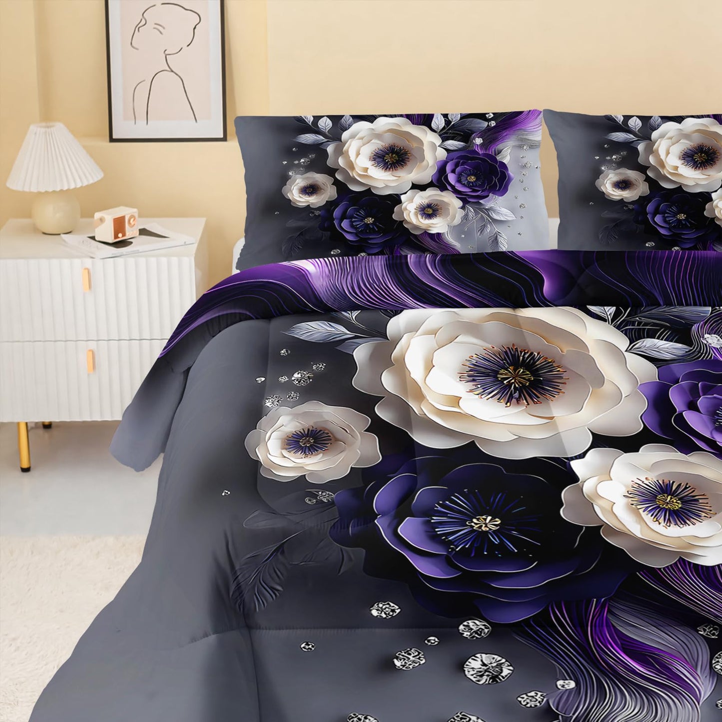 QOOMO Purple Flowers Kids Bedding Set,Cartoon Plants Comforter Set Queen Size for Boys Girls Teen Room Decorat,Soft Lightweight Bed Set All Season,1 Comforter 2 Pillowcases