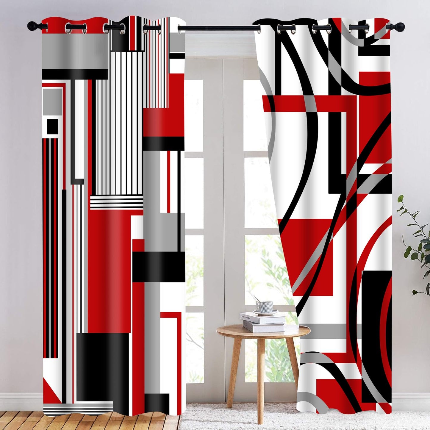 HIYSMT Red Black White Line Geometric Curtains,42x84inch Gray Red Plaid Striped Blackout Curtain,Abstract Red Modern Art Drape for Bedroom Living Room 2Panels HI01CL