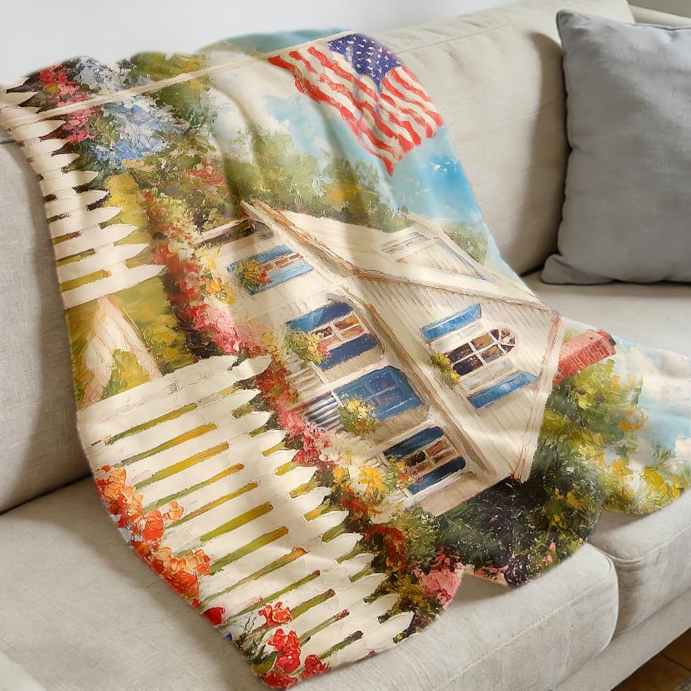 ZHOUSHUTONG Vintage American Cottage with US Flag Garden Flannel Throw Blanket, Cozy Warm Patriotic Country House Blankets, Lightweight Fuzzy Soft Flannel Blanket for Couch Bed Sofa Adults 49"x59"