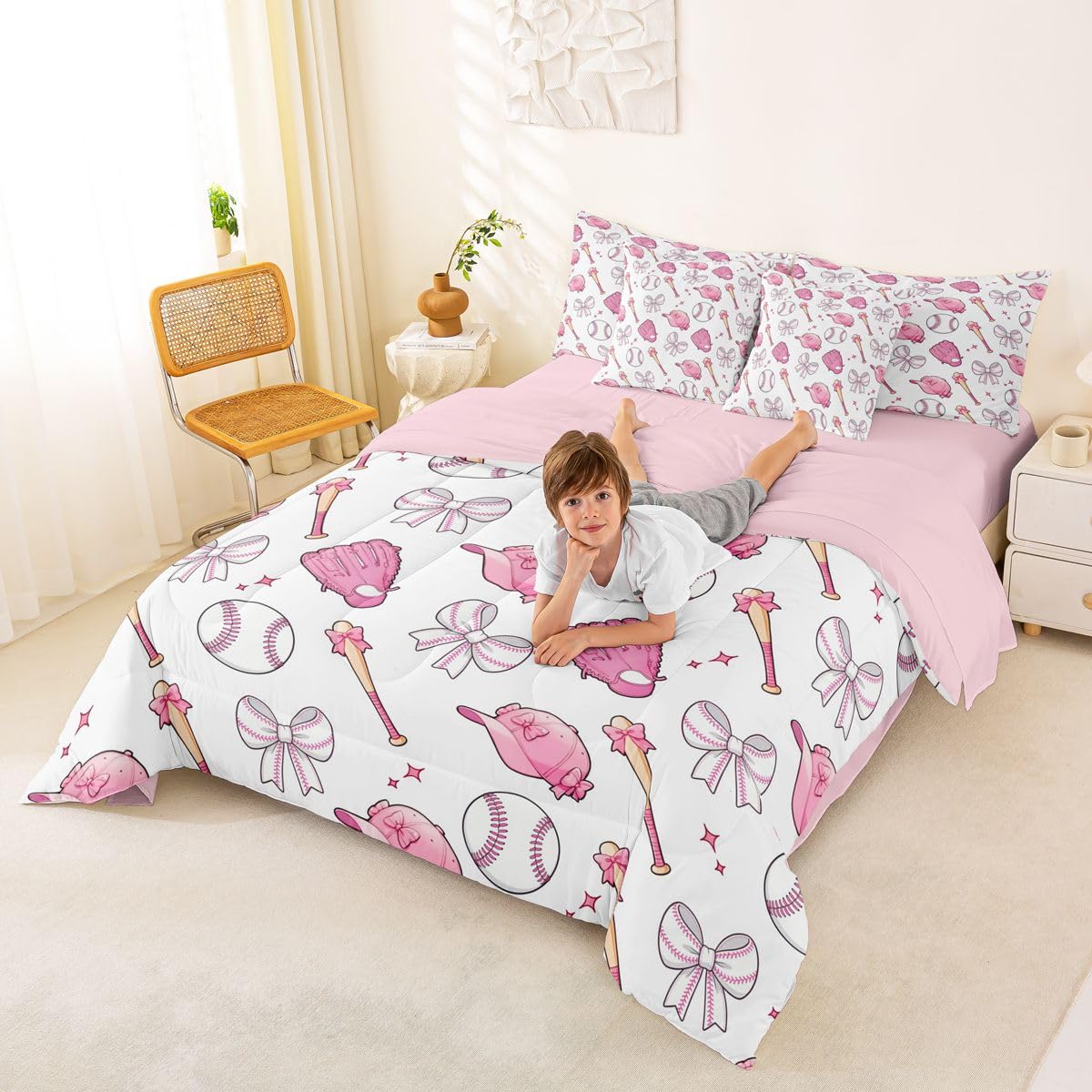 Castle Fairy Baseball Bow 7 Piece Comforter & Sheet Sets Full Size,Pink Bowknot Bedding Set Baseball Bat and Cap Bed in a Bag Cute Girly Sports Flat & Fitted Sheets,4 Pillow Covers
