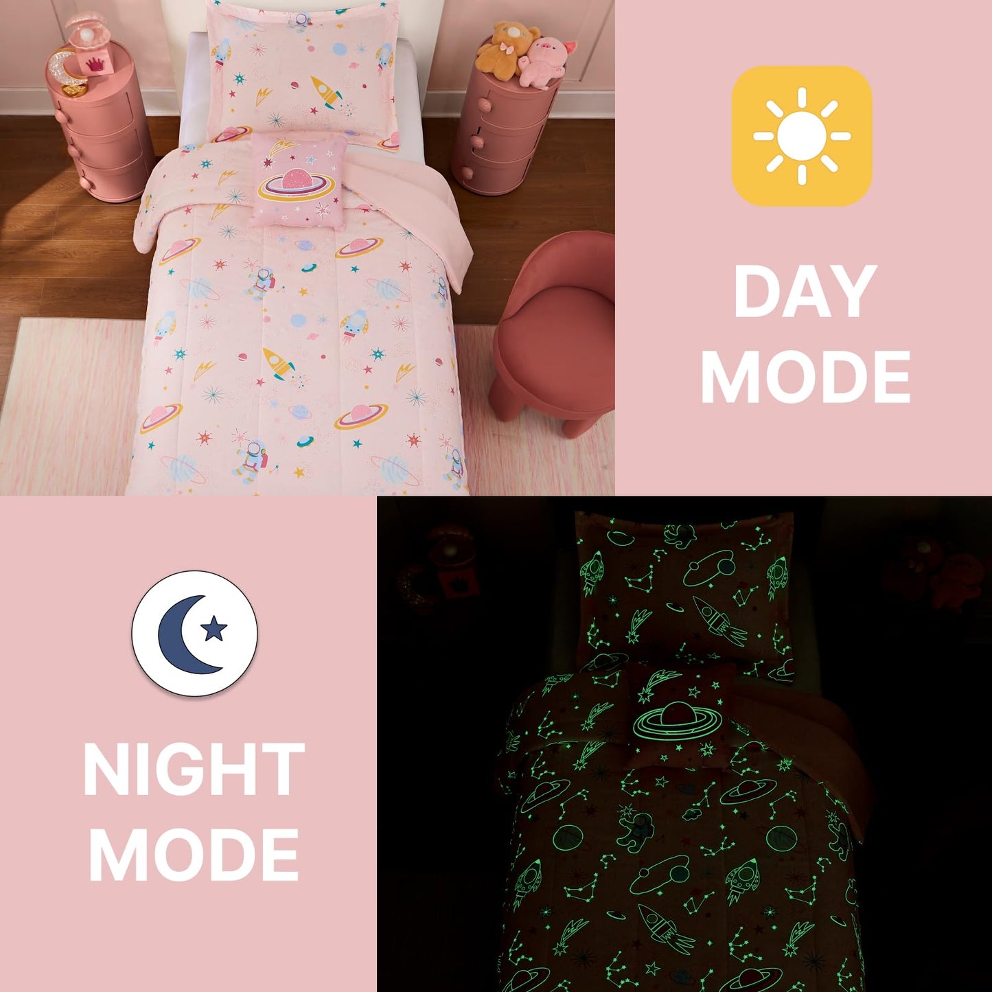 Wink Deer Twin Comforter Set for Girls-3 Pieces Space Glow in the Dark Twin Bedding Sets for Kids,1 Comforter,1 Sham and 1 Decor Pillow
