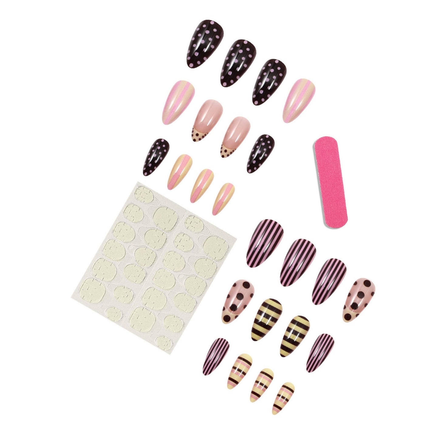 octoswave Long Almond Press on Nails Pink Striped and Brown Polka Dot Glossy False Nails for Women Girls Party Travel Fashion Fake Nails Art 24Pcs