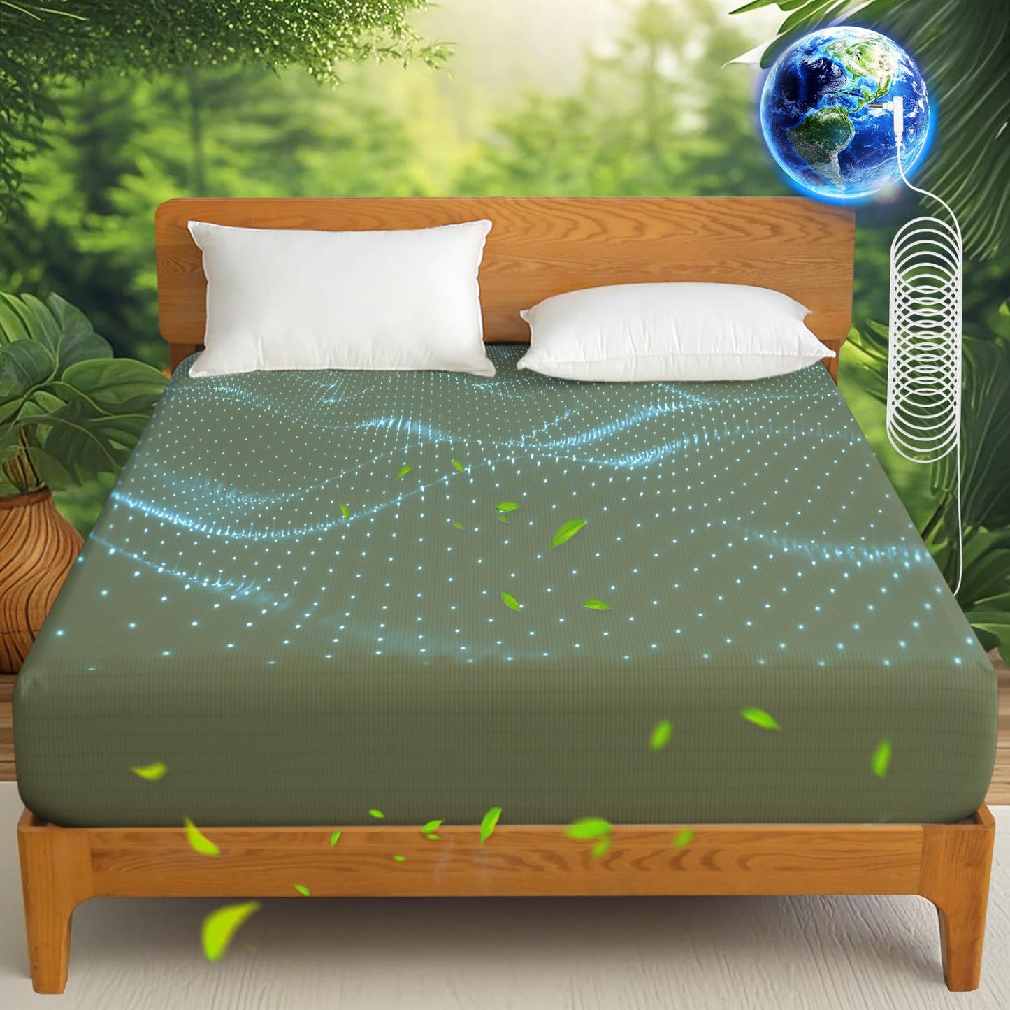 Ivellow Grounding Sheets Queen 10% Pure Silver Fiber 90% Organic Cotton Fitted Sheet Queen Size 16” Deep Pocket Soft Grounded Sheet Earth Connected Bedding Fitted Earth Sheet with Grounding Cord Green