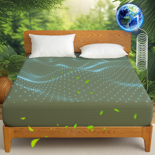 Ivellow Grounding Sheets Queen 10% Pure Silver Fiber 90% Organic Cotton Fitted Sheet Queen Size 16” Deep Pocket Soft Grounded Sheet Earth Connected Bedding Fitted Earth Sheet with Grounding Cord Green