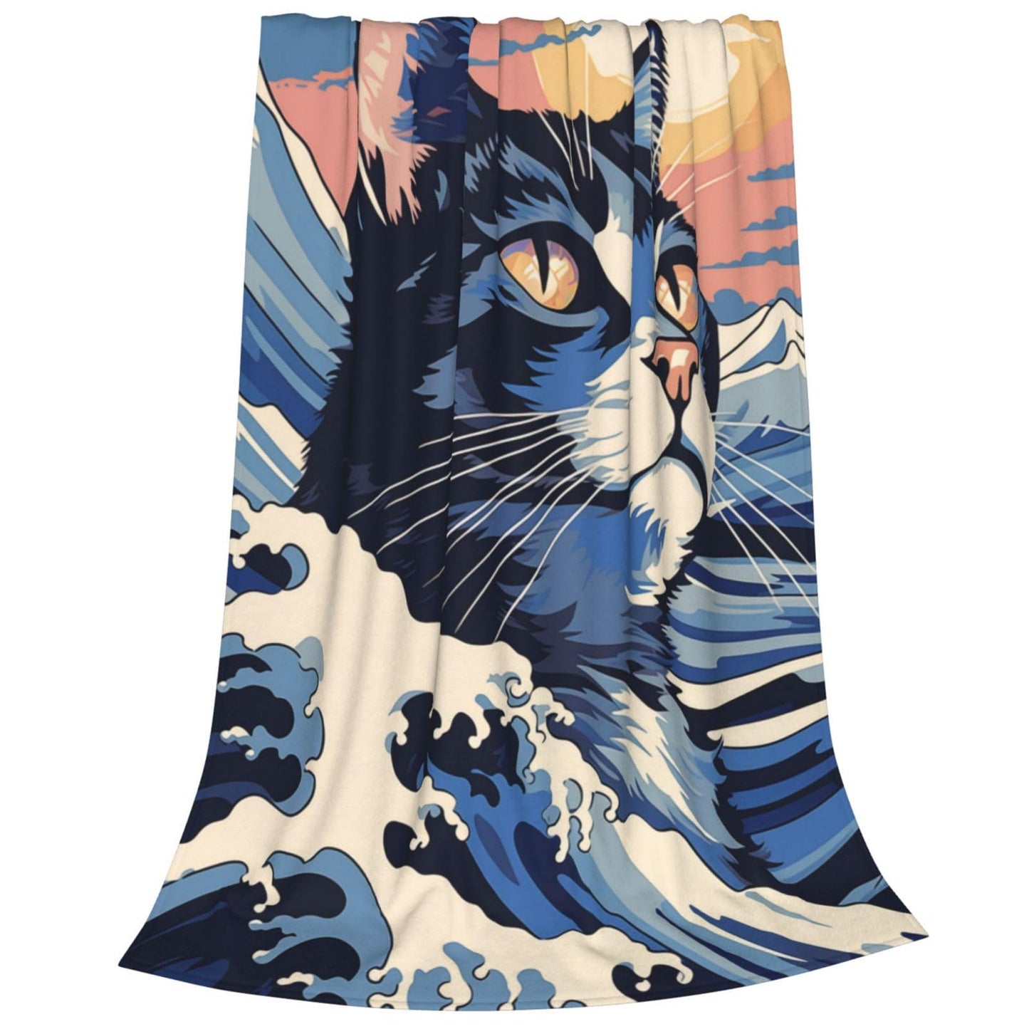 amepay Japanese Painting Cat Blanket Gifts for Cat Lovers Grils Women Kitten Wave Art Flannel Throw Blankets for Home Couch Bed Sofa Soft Fuzzy Lightweight Decor All Season 60x50 Inches