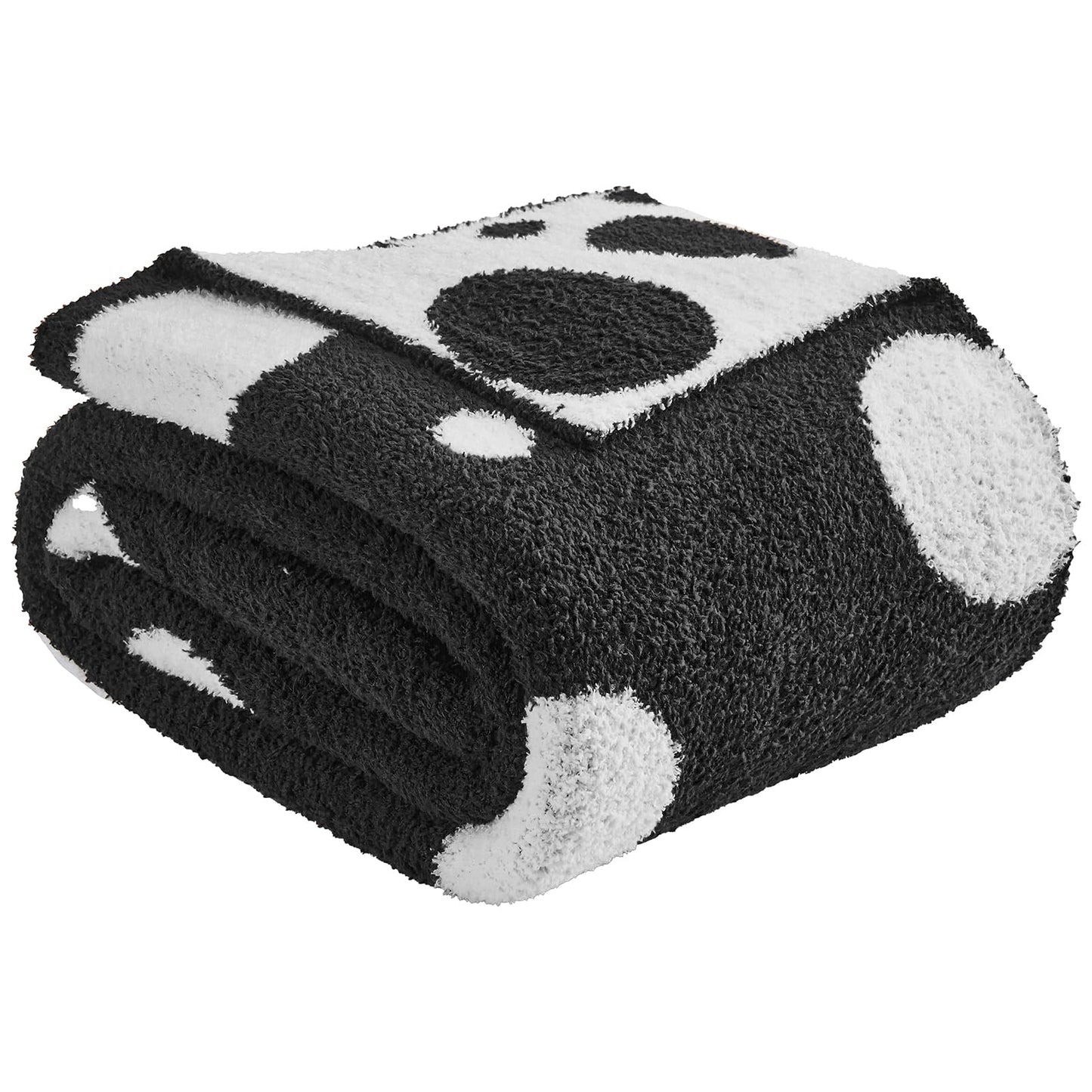Douceur Polka Dot Throw Blanket for Couch Sofa Bed, Reversible Cozy Fluffy Super Soft Bedroom Blanket, Plush Jet Black Throw Blanket, 60×80 inches